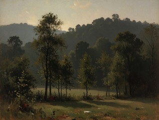 Fototapeta premium Oil painting moody forest landscape with rolling hills under hazy sky. Sunlight filters through trees onto grassy clearing, evoking serene, rustic atmosphere. Artwork offers quiet solitude.