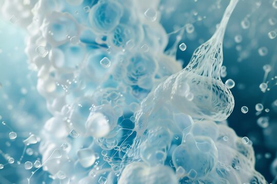Human colonic goblet cell releasing mucus protect lining mucus shown cascading translucent waterfall of glycoprotein strands cool aquamarine pearl photorealistic microscopy art Adobe Stock editorial