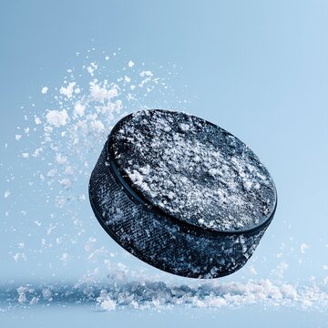 Frozen hockey puck with ice shards flying off during a fast game