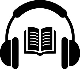 Black headphones icon with an open book symbol isolated on transparent background
