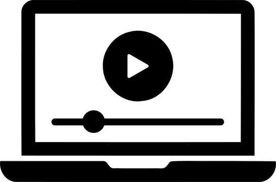 Black laptop screen with video play button icon isolated on transparent background