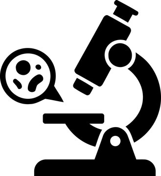 Black microscope icon with bacteria sample isolated on transparent background