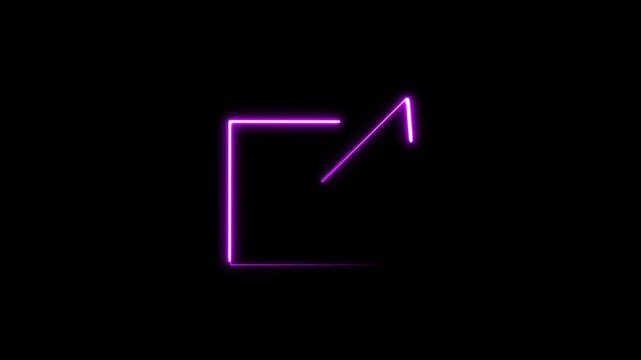 Arrow emerging from a square box signifies an external link or a redirection action for web users in a minimalist glowing purple neon style that pops against the solid black background environment.