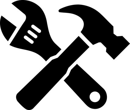 Black wrench and hammer icon for construction and repair isolated on transparent background