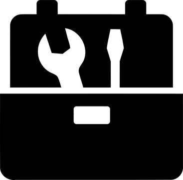 Black toolbox icon with wrench and screwdriver inside isolated on transparent background