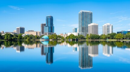 Fototapeta premium Bright morning view of the Orlando skyline with reflections on Lake Eola.