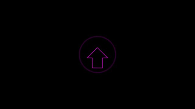 Arrow inside a circle pointing upward indicates a digital upload command or navigation feature for web interfaces that is displayed as a simple glowing purple neon graphic against a deep dark.