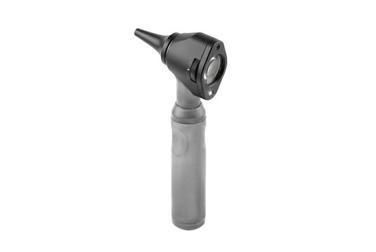 Medical otoscope diagnostic tool on black background.