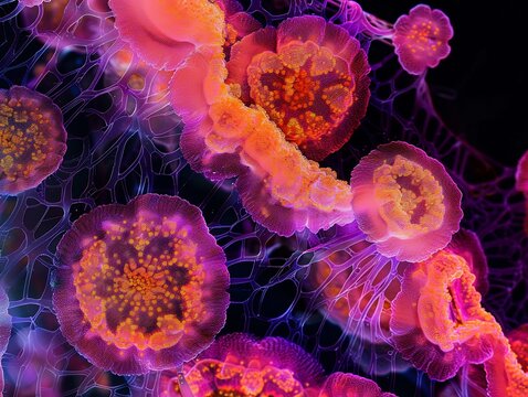 Human esophageal squamous cells viewed under UV fluorescence microscopy aesthetic warm neon coral ivory tones food safety biology concept ultra detailed cell borders clinical yet artistic presentation