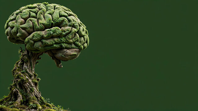 Surreal Conceptual Art of a Human Brain Shaped Tree with Green Mossy Foliage and Twisted Trunk