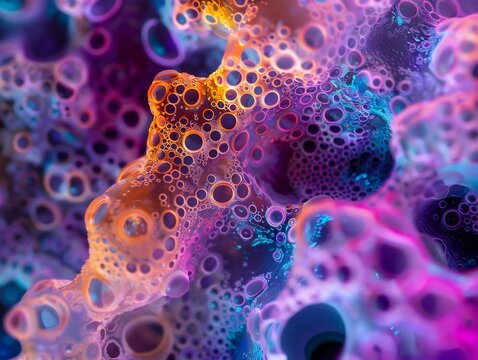Human esophageal squamous cells viewed under UV fluorescence microscopy aesthetic warm neon coral ivory tones food safety biology concept ultra detailed cell borders clinical yet artistic presentation
