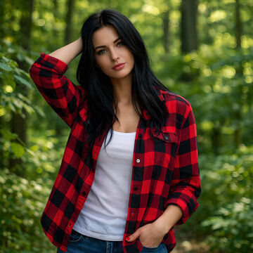 Young woman with long dark hair wearing a red plaid shirt and white top standing in a green forest. Natural light filters through trees, creating a calm outdoor portrait atmosphere