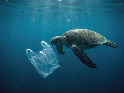 Sea turtle swimming towards a floating plastic bag underwater
