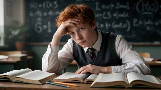 Student with red hair sits at desk with open books. He rests head on hand showing boredom in classroom. Chalkboard with math formulas is visible.