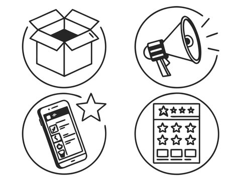 a white background product package with launch arrow, smartphone product preview, promotional megaphone, and customer feedback star system. Modern professional composition, 