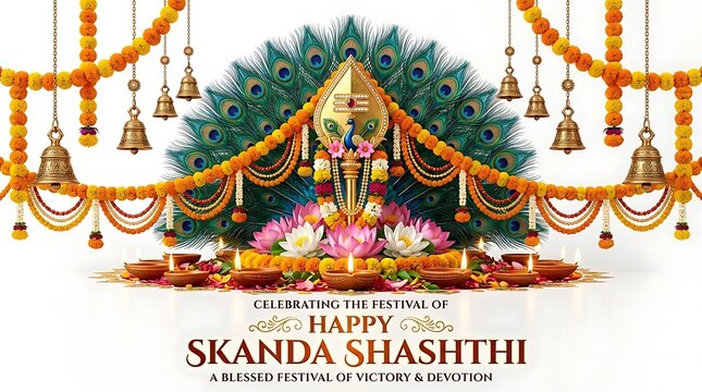 Skanda Shashthi festival greeting card. Hindu religious celebration with peacock feathers.