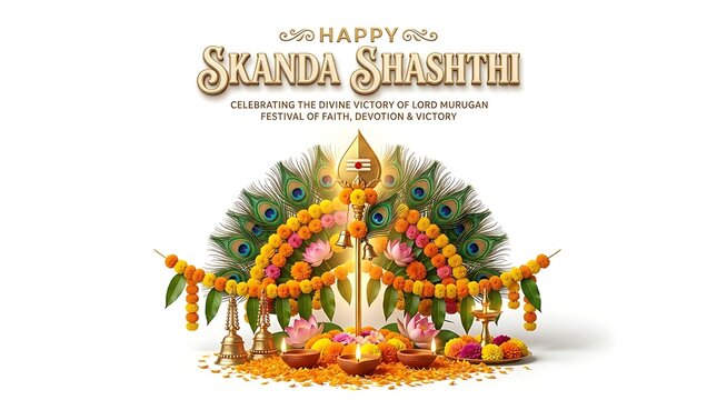 Happy Skanda Shashthi festival poster. Religious Hindu celebration with Vel and flowers.