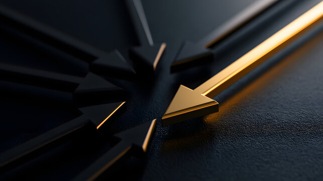 A series of distinct dark arrows coalesce into a single bright golden arrow, signifying a unified path, strategic expansion, and a prosperous business transformation towards an brighter future.