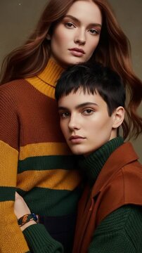 Two stylish young women portrait with autumn fashion clothing and turtleneck sweaters representing modern friendship and diversity