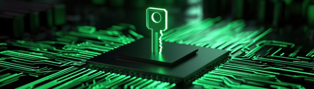 Glowing digital key standing on a microchip processor inside a computer motherboard
