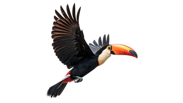 Exotic toucan bird flying gracefully with colorful big beak in tropical rainforest isolated on transparent background