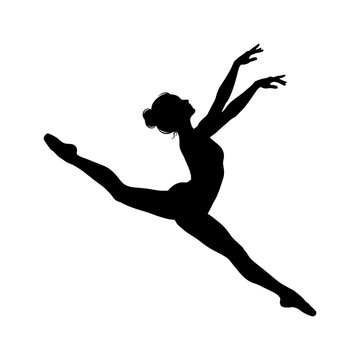 Ballet dancer silhouette, elegant leaping pose illustration. Leaped ballerina profile. Artistic motion outline. Figure in air. Ballet class poster icon. isolated on White Background silhouette
