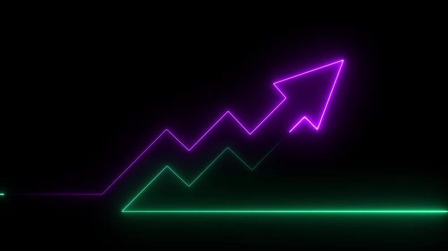 Abstract neon arrow business graph chart icon animation background. Market Recovery Concept. Successful growth trend Green line graph going Up.
