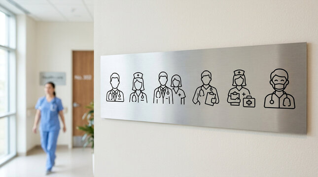 Hospital hallway with a metal plaque of medical team icons and a nurse walking by