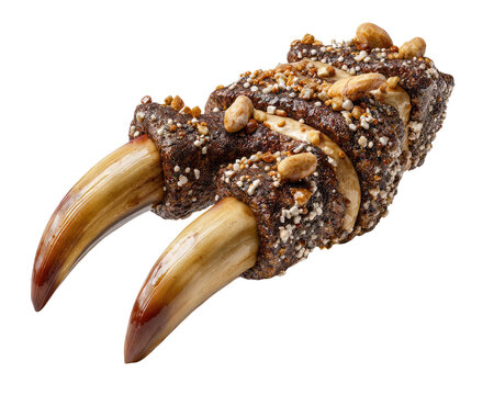 Wild Boar Tusk Treat: An unusual and rugged dog chew, featuring two sharp wild boar tusks embedded in a savory, crumbly meat treat, dusted with seeds and nuts.