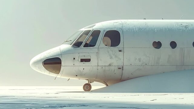 Old white aircraft fuselage resting in snowy landscape.
