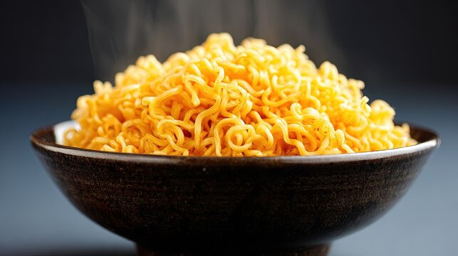 Steaming hot instant noodles in a dark ceramic bowl against a blurred background
