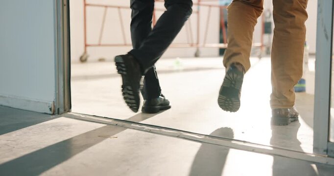 Construction, legs or people on site for inspection, safety check or quality control of renovation. Review, flare or engineer team with walk, progress track or code compliance in remodeling project.
