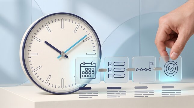 Project timeline scheduling execution with hand arranging transparent milestone icons alongside modern clock for deadline management