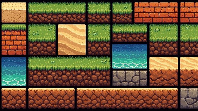 Pixel art game textures arranged in grid showing 8-bit style tiles for map design. Diverse surface blocks include green grass dirt terrain orange brick walls stone patterns sand layers, ocean water