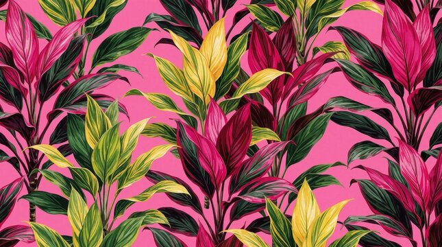 Seamless pattern with tropical ti plant leaves in magenta green, yellow colors. Vibrant pink background decorates botanical design. Exotic cordyline foliage art repeats across surface. Bright