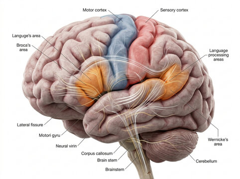 Human Brain Anatomy Diagram with Labeled Lobes and Areas