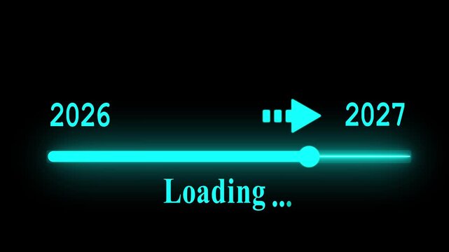 Futuristic white progress bar visually the transition from 2026 to 2027 with a bright slider and arrow on a black background. embodying future progress and technological advancement.
