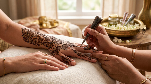 Artist applying traditional intricate bridal mehndi henna tattoo design pattern on bride hand using cone during wedding ceremony preparation