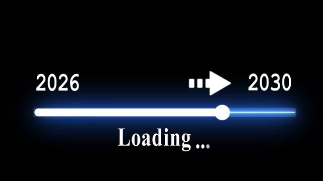 Futuristic white progress bar visually the transition from 2026 to 2030 with a bright slider and arrow on a black background. embodying future progress and technological advancement.