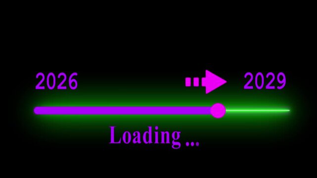 Futuristic white progress bar visually the transition from 2026 to 2029 with a bright slider and arrow on a black background. embodying future progress and technological advancement.