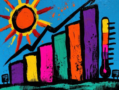 Global warming concept art, rising temperatures, bar charts, sun illustration, vibrant oil painting