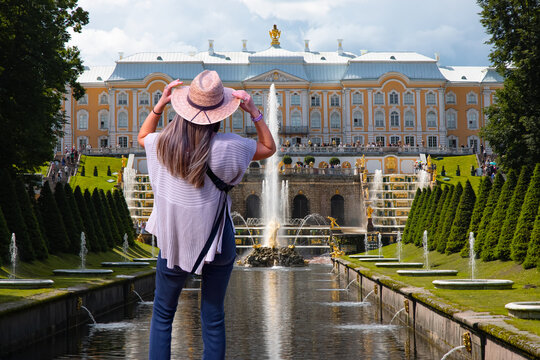 Park of Petrodvorets a view of the gardens from the Gulf of Finland - St. Petersburg, Russia