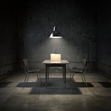 Minimalist interrogation room scene with empty metal table and two chairs under pendant lighting interrogation suspense investigation dramatic concrete industrial interview questioning