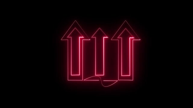 Arrows oriented vertically in a triple arrangement glow in red neon against a dark background to represent growth trends, upward momentum, and statistical progress in a professional business setting.