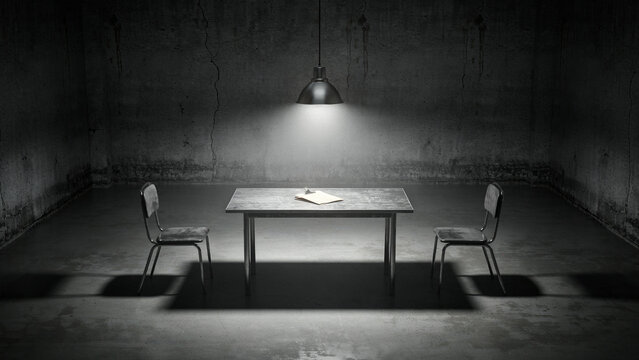 Black and white photography of empty interrogation table and chairs under single spotlight with interrogation spotlight monochrome investigation suspense dramatic concrete industrial interview