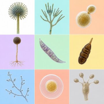 Microscopic Fungi and Spore Structures in a Scientific Grid