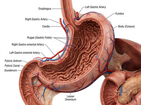 Anatomical Illustration of Human Stomach with Labels and Blood Vessels