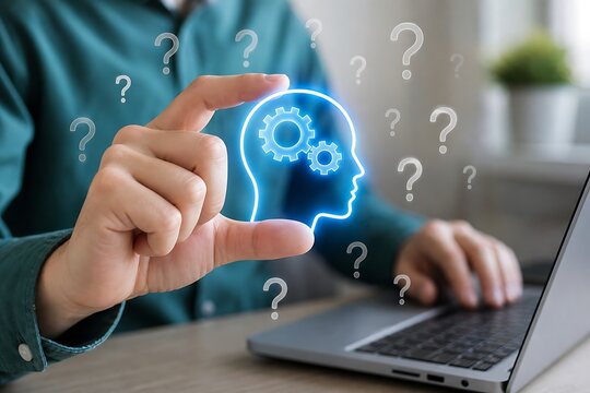 Hands interacting with glowing brain hologram and question marks over laptop