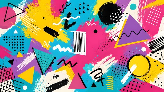 Abstract memphis style pattern background with geometric shapes and brush strokes