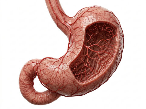 3D Medical Illustration of Human Stomach with Visible Blood Vessels on White Background
